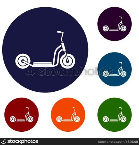 Kick scooter icons set in flat circle reb, blue and green color for web. Kick scooter icons set