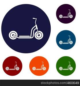 Kick scooter icons set in flat circle reb, blue and green color for web. Kick scooter icons set