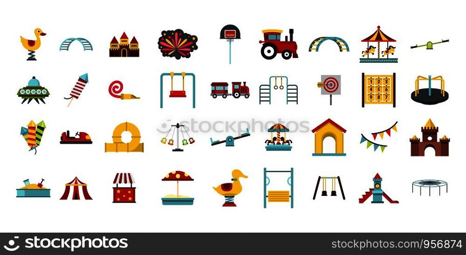 Kid amusement icon set. Flat set of kid amusement vector icons for web design isolated on white background. Kid amusement icon set, flat style