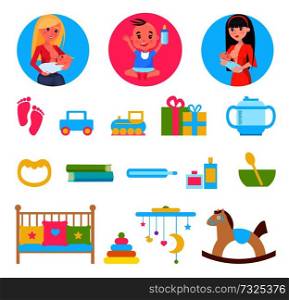 Kid and breastfeeding, mother and baby, toys and items set, horse and presents, cradle and bowl with spoon, vector illustration isolated on white. Kid and Breastfeeding, Toys Set Vector Illustration