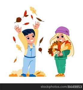 kid autumn leaves vector. fall park girl boy, yellow leaves, outside fun, little cute baby kid autumn leaves character. people flat cartoon illustration. kid autumn leaves vector