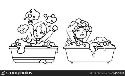 kid bath vector. baby boy girl bathroom, child family soap, hair care kid bath character. people black line pencil drawing vector illustration. kid bath vector