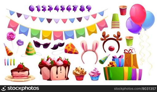 Kid birthday party design elements set isolated on white background. Vector cartoon illustration of delicious cake and candle numbers, colorful festive flags and garlands, gift boxes and air balloons. Kid birthday party design elements set on white