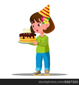 Kid Blowing Out Candles On Holiday Cake Vector. Illustration. Kid Blowing Out Candles On Holiday Cake Vector. Isolated Illustration