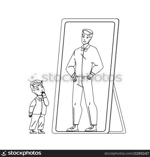 Kid Boy Dreaming For Be Adult Man In Mirror Black Line Pencil Drawing Vector. Child Looking At Mirror Reflection And Imagining For Be Businessman In Future. Character Preschooler Dream Illustration. Kid Boy Dreaming For Be Adult Man In Mirror Vector