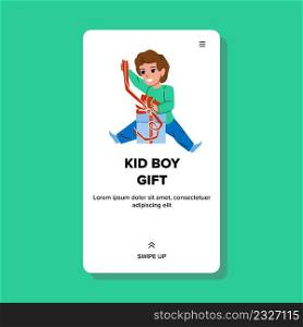 Kid Boy Gift Box Opening On Birthday Party Vector. Kid Boy Gift Open With Happy Emotion On Birth Day Event. Character Preschooler Child With Present Cardboard Web Flat Cartoon Illustration. Kid Boy Gift Box Opening On Birthday Party Vector