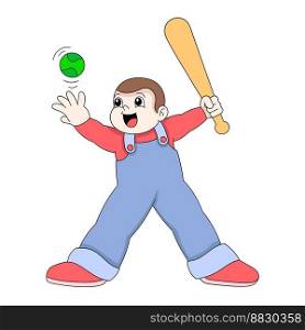 kid boy is practicing hitting a baseball. vector design illustration art