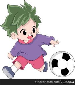 kid boy is running around dribbling a soccer ball, creative illustration design
