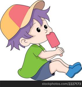 kid boy is sitting daydreaming, enjoying delicious ice cream, cartoon flat illustration