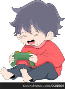 kid boy is sitting holding a gamepad playing games happily, creative illustration design