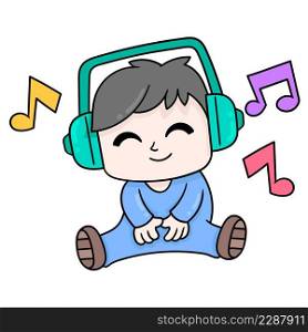 kid boy is sitting wearing headphones listening enjoying music