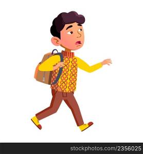 Kid Boy Pupil Late And Running At School Vector. Asian Schoolboy With Backpack Running At Educational Lesson. Frustrated Character Child Quickly Run With Rucksack Flat Cartoon Illustration. Kid Boy Pupil Late And Running At School Vector