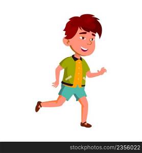 Kid Boy Running And Playing On Park Meadow Vector. Chinese Schoolboy Running And Enjoying Outside. Happiness Character Preteen Child Runner Enjoying Jogging Flat Cartoon Illustration. Kid Boy Running And Playing On Park Meadow Vector
