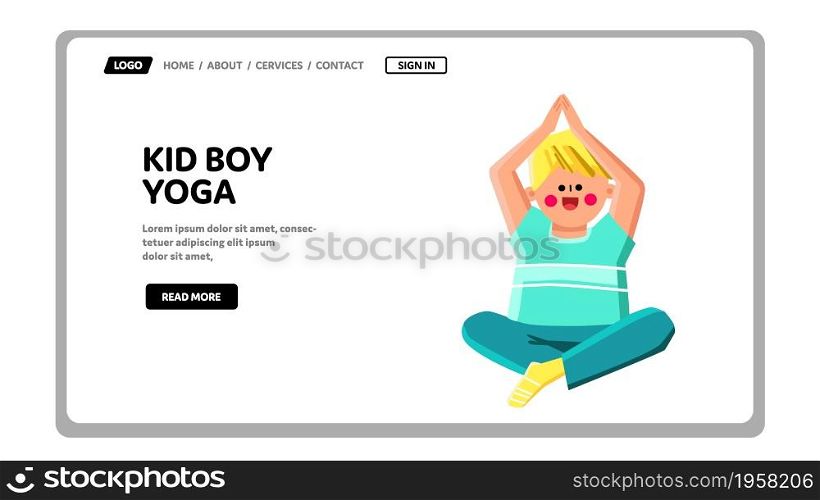 Kid Boy Yoga Exercising In Gymnastic Room Vector. Preteen Kid Boy Yoga Training Exercise And Relaxing In Fitness Pose. Character Sportive And Relax Active Time Web Flat Cartoon Illustration. Kid Boy Yoga Exercising In Gymnastic Room Vector