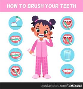 Kid brush teeth. Learn correct brush teeth for children, cute girl in bathroom morning hygiene routine, dental care with toothbrush and toothpaste step by step vector flat poster instruction. Kid brush teeth. Learn correct brush teeth for children, girl in bathroom morning routine, dental care with toothbrush and toothpaste step by step vector flat poster instruction