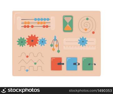 Kid busyboard. Children touch board for Montessori games. Education logic toys for preschool kids. Montessori system for early childhood development. Vector illustration on white background. Kid busyboard. Children board for Montessori games. Education logic toys for preschool kids.