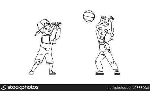 kid catching ball vector. child boy, game play, activity fun, happy childhood, person catch kid catching ball character. people black line illustration. kid catching ball vector