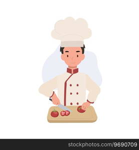 Kid Chef Chopping tomatoes. Cute Kid Chef Illustration