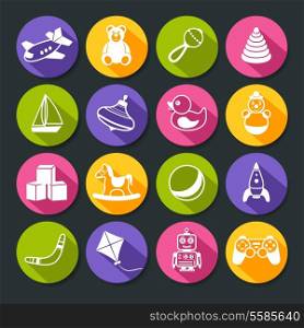 Kid children toys round icons buttons set of building blocks rocking horse ball isolated vector illustration