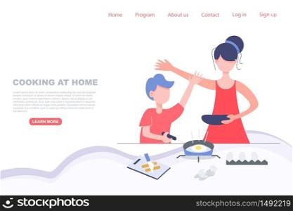 Kid cooking with mom. Stay at home concept. Landing page vector illustration