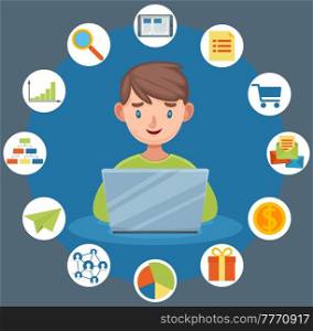 Kid creativity, mindmap and brainstorm vector illustration on blue background teenager at laptop. Boy sits with computer surrounded by icons about business and online shopping. Education and success. Kid creativity, mindmap and brainstorm vector illustration on blue background teenager at laptop