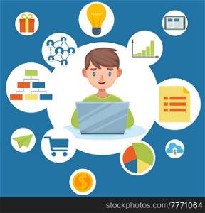 Kid creativity, mindmap and brainstorm vector illustration on blue background teenager at laptop. Boy sits with computer surrounded by icons about business and online shopping. Education and success. Kid creativity, mindmap and brainstorm vector illustration on blue background teenager at laptop