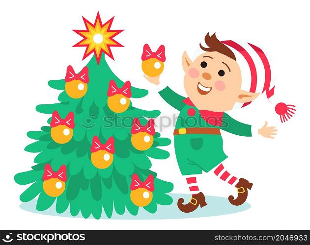 Kid decorating christmas tree in elf costume. Cute cartoon character isolated on white background. Kid decorating christmas tree in elf costume. Cute cartoon character