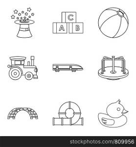 Kid development icons set. Outline set of 9 kid development vector icons for web isolated on white background. Kid development icons set, outline style