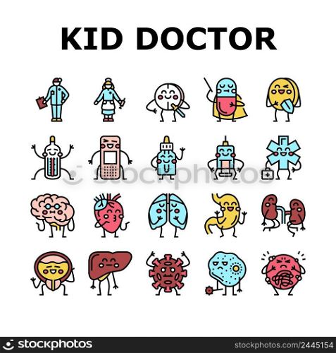 Kid Doctor Disease Treatment Icons Set Vector. Vitamins And Drug Pill, Kid Doctor Examining Child Stomach And Kidneys, Brain And Lungs. Thermometer And Patch Medical Accessories Color Illustrations. Kid Doctor Disease Treatment Icons Set Vector
