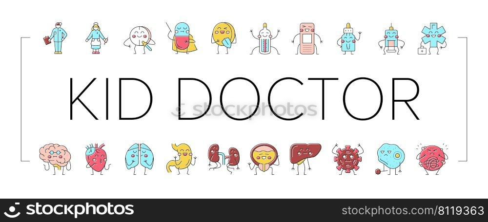 Kid Doctor Disease Treatment Icons Set Vector. Vitamins And Drug Pill, Kid Doctor Examining Child Stomach And Kidneys, Brain And Lungs. Thermometer And Patch Medical Accessories Color Illustrations. Kid Doctor Disease Treatment Icons Set Vector