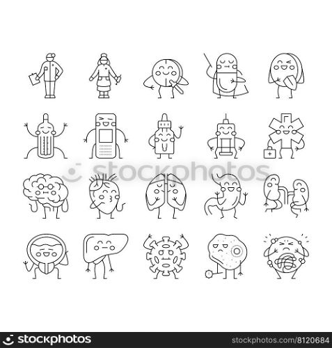 Kid Doctor Disease Treatment Icons Set Vector. Vitamins And Drug Pill, Kid Doctor Examining Child Stomach And Kidneys, Brain Lungs. Thermometer Patch Medical Accessories Black Contour Illustrations. Kid Doctor Disease Treatment Icons Set Vector