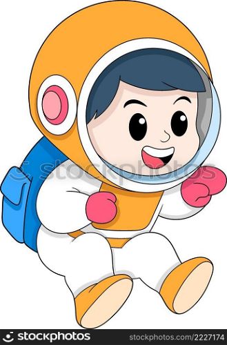kid dressed as an astronaut is happy jumping, cartoon flat illustration