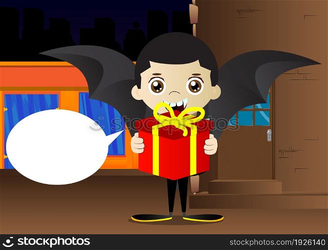 Kid dressed for Halloween holding big gift box. Vector cartoon character illustration of kids ready to Trick or Treat.