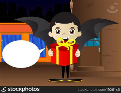Kid dressed for Halloween holding big gift box. Vector cartoon character illustration of kids ready to Trick or Treat.