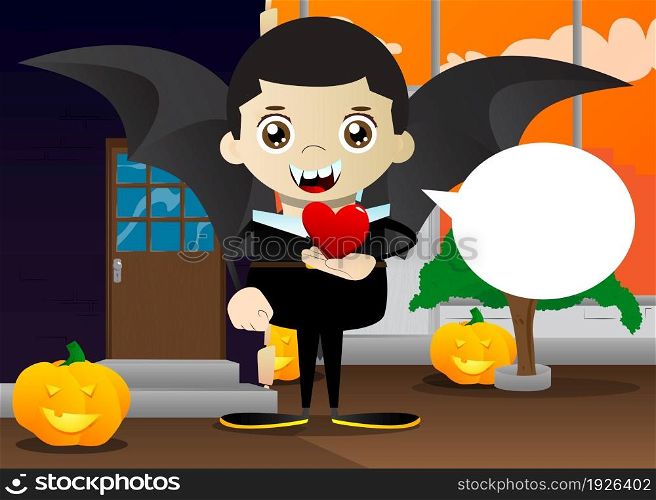 Kid dressed for Halloween holding red heart in his hand. Vector cartoon character illustration of kids ready to Trick or Treat.