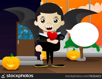 Kid dressed for Halloween holding red heart in his hand. Vector cartoon character illustration of kids ready to Trick or Treat.