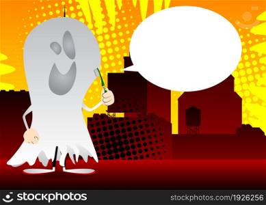 Kid dressed for Halloween holding toothbrush. Vector cartoon character illustration of kids ready to Trick or Treat.