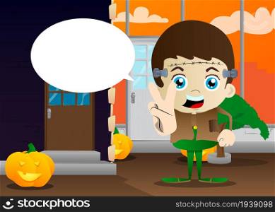 Kid dressed for Halloween showing the V sign, peace hand gesture. Vector cartoon character illustration of kids ready to Trick or Treat.