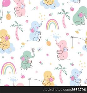 Kid elephant seamless pattern. Elephants and palm tree wallpaper. Cute funny animals scandinavian style for baby, kid wildlife nowaday vector print pattern baby with elephant animal. Kid elephant seamless pattern. Elephants and palm tree wallpaper. Cute funny animals scandinavian style for baby, kid wildlife nowaday vector print