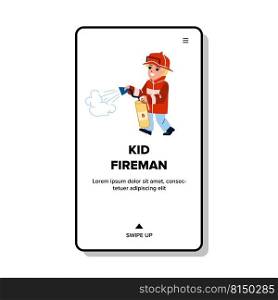 kid fireman vector. child firefighter, little boy costume helmet kid fireman character. people flat cartoon illustration. kid fireman vector