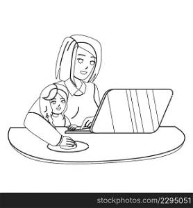 Kid Girl And Mother Using Laptop Together Black Line Pencil Drawing Vector. Woman With Daughter Reading Electronic Book Or Watching Online Movie On Laptop. Characters Family Enjoying Illustration. Kid Girl And Mother Using Laptop Together Vector