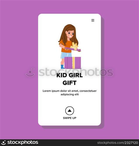 Kid Girl Gift Box Opening On Xmas Holiday Vector. Kid Girl Gift Open On Christmas Or New Year Celebrative Party. Happy Character Schoolgirl With Present On Event Web Flat Cartoon Illustration. Kid Girl Gift Box Opening On Xmas Holiday Vector