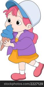 kid girl is walking while enjoying an ice cream cone, cartoon flat illustration