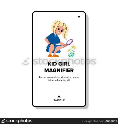 kid girl magnifier vector. child glass, education discovery, little cute, magnifying curious kid girl magnifier web flat cartoon illustration. kid girl magnifier vector
