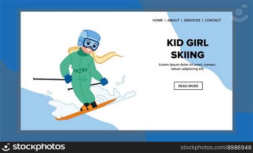 kid girl skiing vector. fun winter, cold snow, girl mountain, vacation outdoor, family kid girl skiing web flat cartoon illustration. kid girl skiing vector