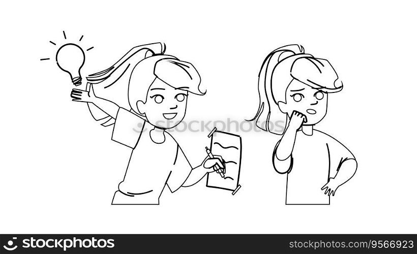 kid girl think answer vector. question child, mark doubt, student boy, happy idea, character face kid girl think answer character. people black line illustration. kid girl think answer vector