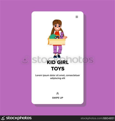 kid girl toys vector. child fun, childhood home, little happy, play game kid girl toys web flat cartoon illustration. kid girl toys vector