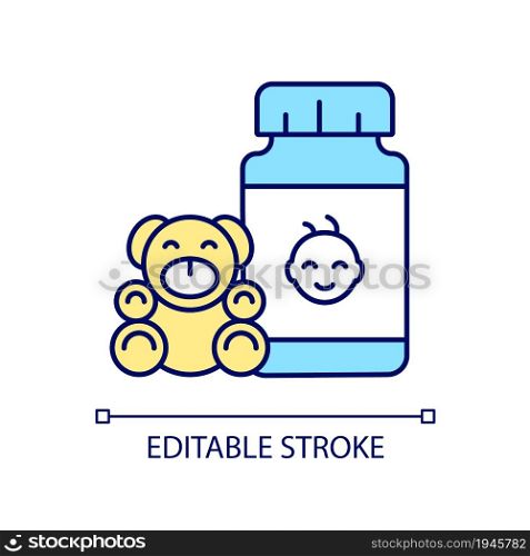 Kid growth supplements RGB color icon. Child development complementary medication. Vitamins for healthy nutrition. Balanced diet. Isolated vector illustration. Simple filled line drawing. Kid growth supplements RGB color icon