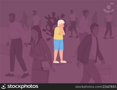 Kid has panic attack in crowd flat color vector illustration. Anxiety disorder. Mental health. Boy experiences fear and stress 2D simple cartoon characters with strangers on background. Kid has panic attack in crowd flat color vector illustration