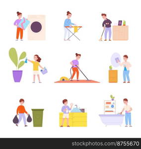 Kid help housework. Children boys doing house job home responsibility, dusting help ironing household activity chore, clean room laundry dish, cartoon splendid vector illustration. Kid help housework. Children boys doing house job home responsibility, dusting help ironing household activity chore, clean room laundry dish